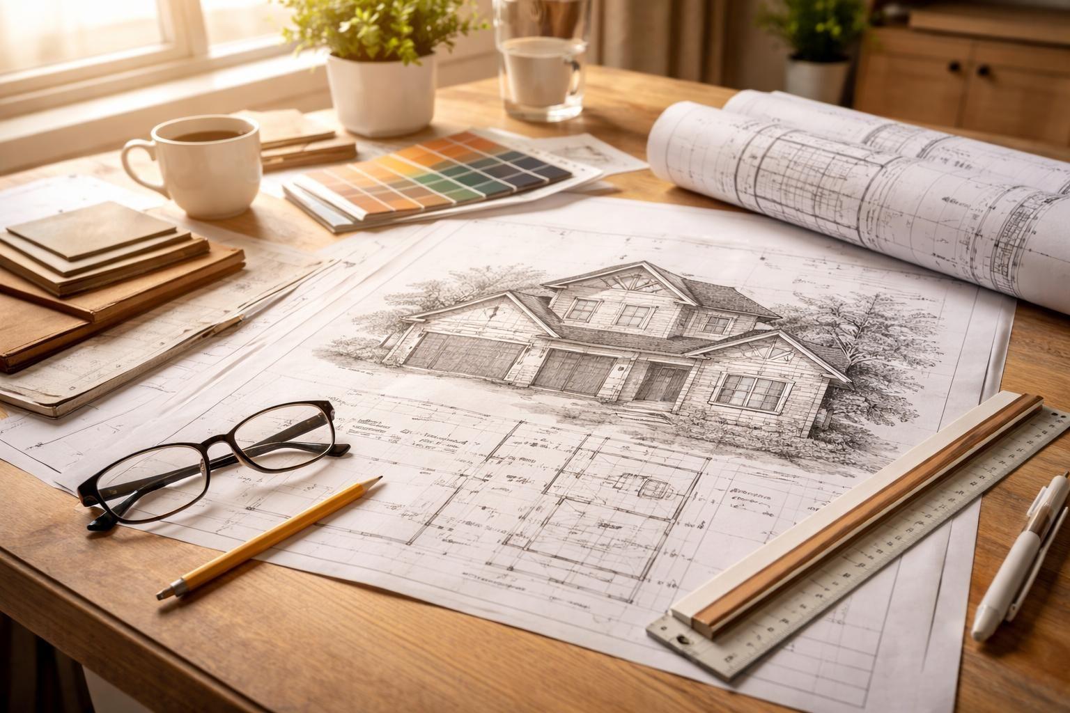 Architect's desk with house plans, material samples and a drafting ruler